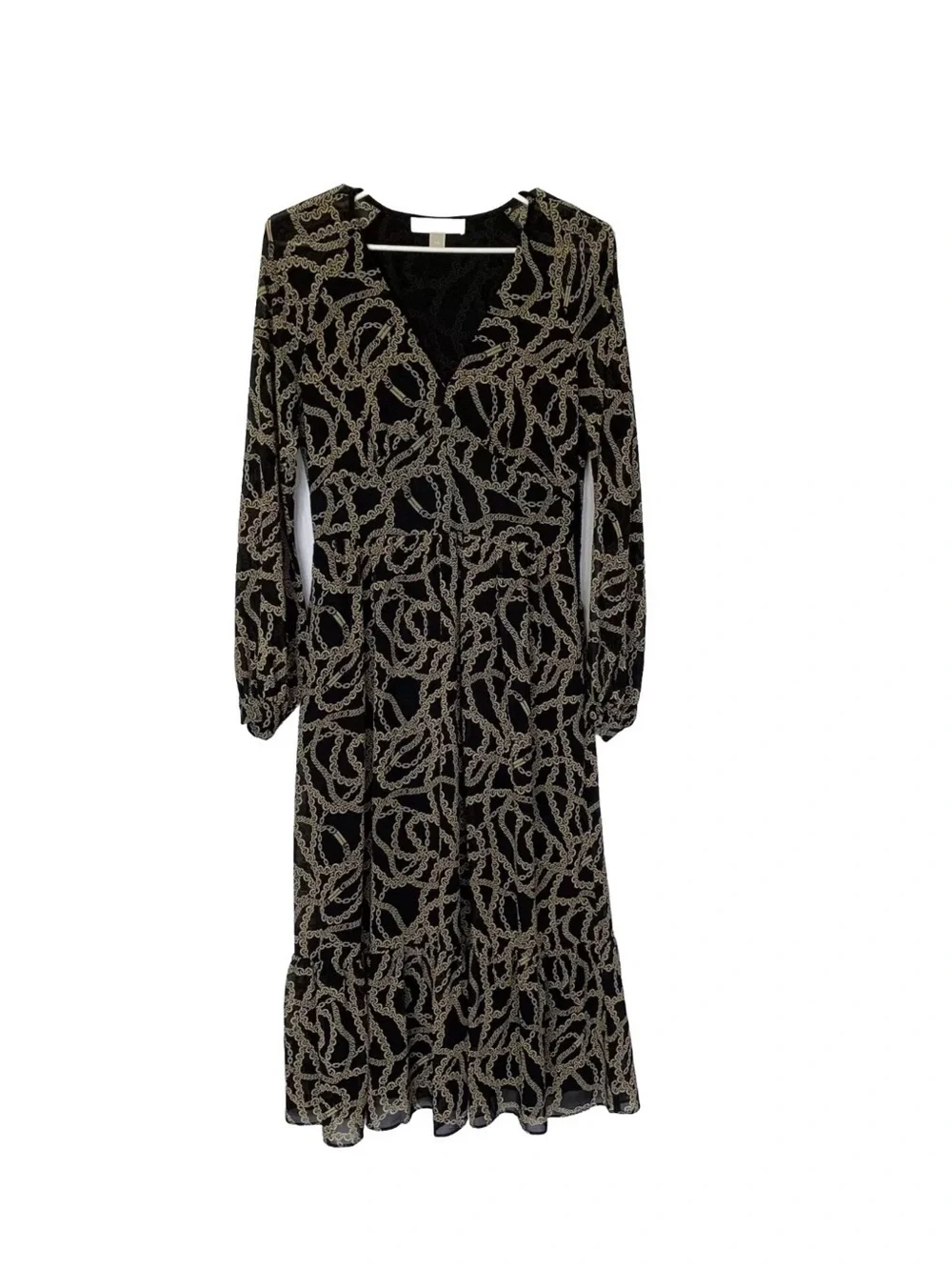 Michael Kors Dress XL Black Gold Chain Print Slinky Chiffon Long Sleeves